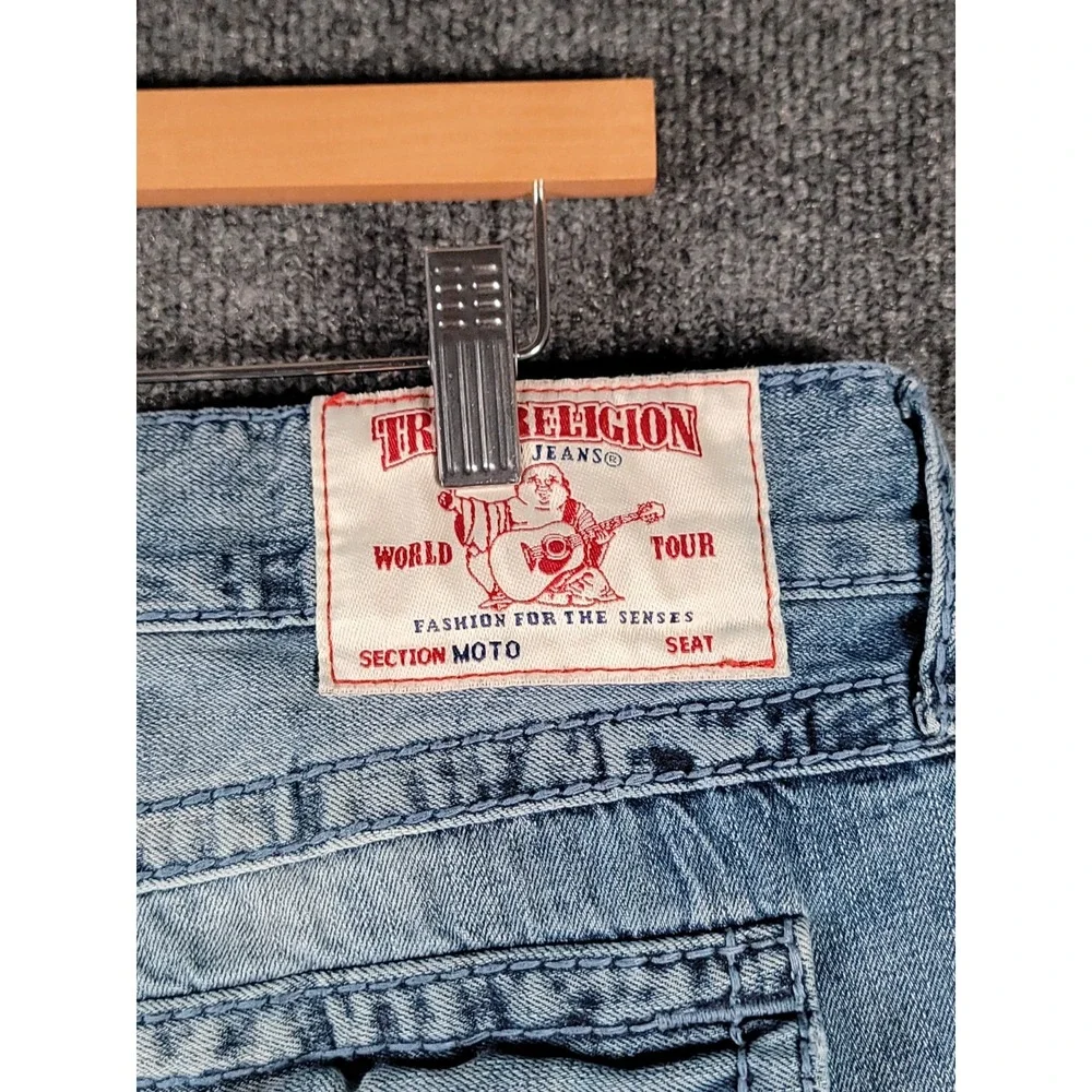 True Religion Moto Slim Big T Jeans Mens 38x32 Blue Biker Distressed Y2K Stretch